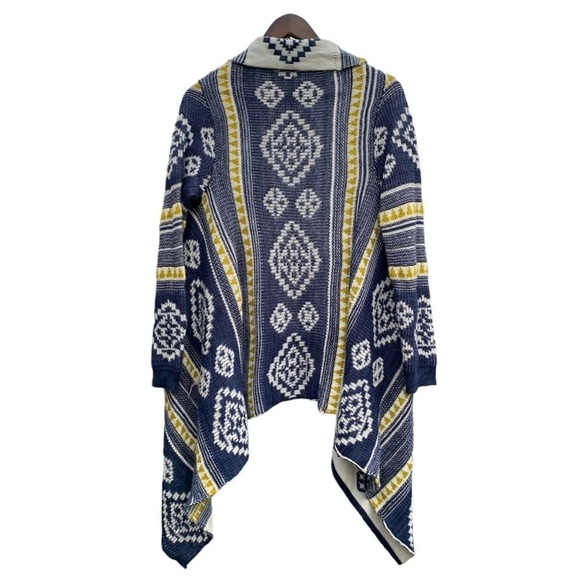 Navajo Print Open Front Cardigan Sweater Drap Front Blue Yellow Cream Size M - Picture 2 of 8